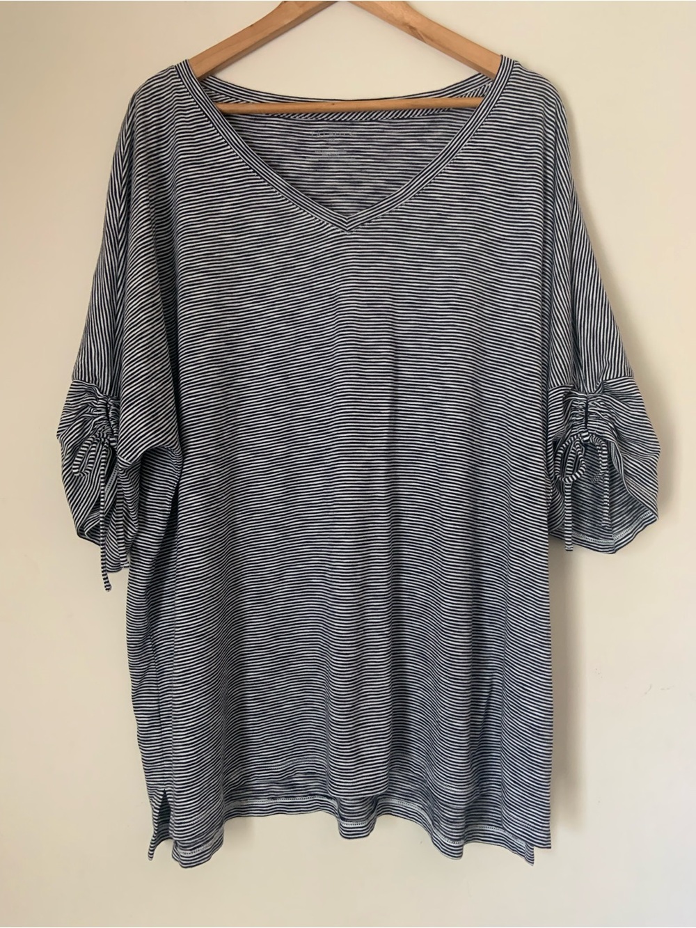 Relaxed V-Neck Nautical Striped Tie-Sleeve Modal Tunic Top Coastal Blue White 3X